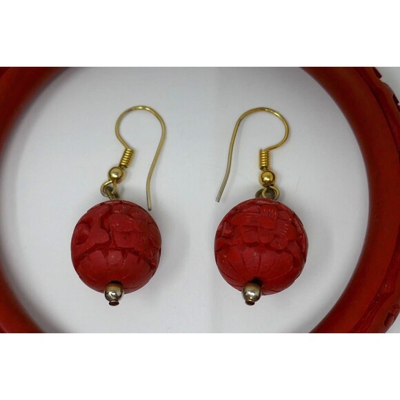 Carved Red Cinnabar Floral Flower Design Bangle Bracelet & Dangle Earrings Set - Picture 2 of 9